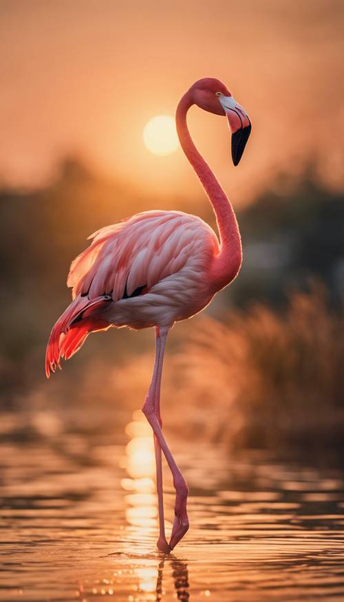 A beautiful flamingo balancing on one leg in the golden light of sunset.