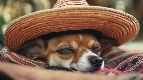 A small Chihuahua sleeping soundly under a large sombrero hat in an outdoor Mexican environment.
