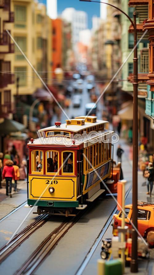 Modelo em miniatura de um teleférico clássico em uma cena de rua movimentada