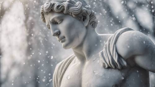 A stunning white and gray marble statue seen through a mist of morning dew.