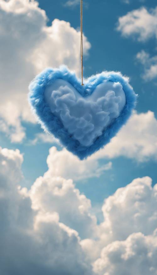 Un cœur bleu majestueux suspendu dans un ciel lumineux entre des nuages ​​blancs moelleux.