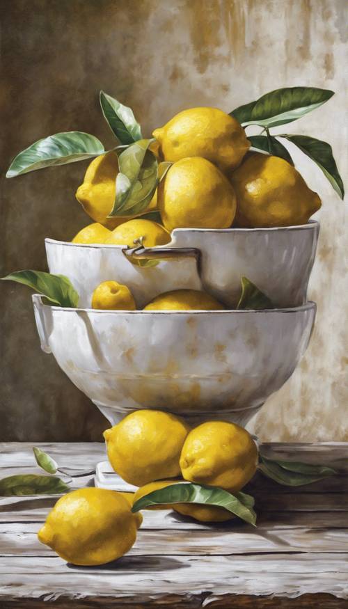 Lukisan minyak lemon pedesaan dalam mangkuk keramik putih antik yang diletakkan di atas meja kayu lapuk.