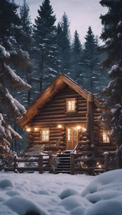 Eine gemütliche, rustikale Blockhütte, eingebettet in einen verschneiten Kiefernwald unter einem sternenklaren Nachthimmel.