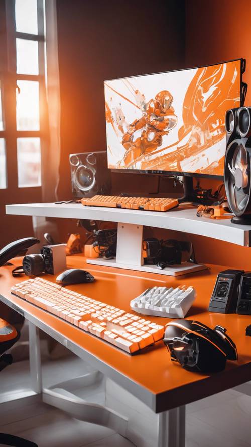 A vibrant orange and white themed gaming setup with a mechanical keyboard and a curved monitor.