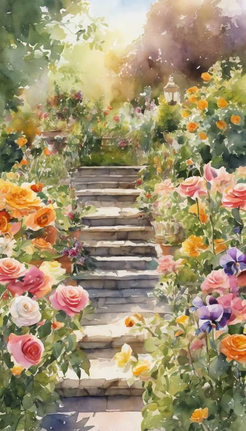 Uma animada pintura em aquarela de um jardim inglês repleto de rosas, lírios, amores-perfeitos e malmequeres em uma tarde ensolarada.