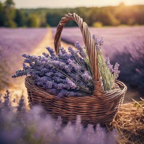 A rustic hand-basket filled with fresh-cut lavender against a sunny, rural backdrop.