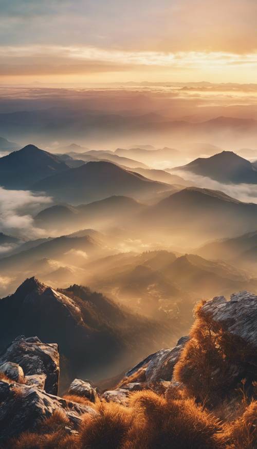 A calm sunrise from the peak of a majestic mountain.