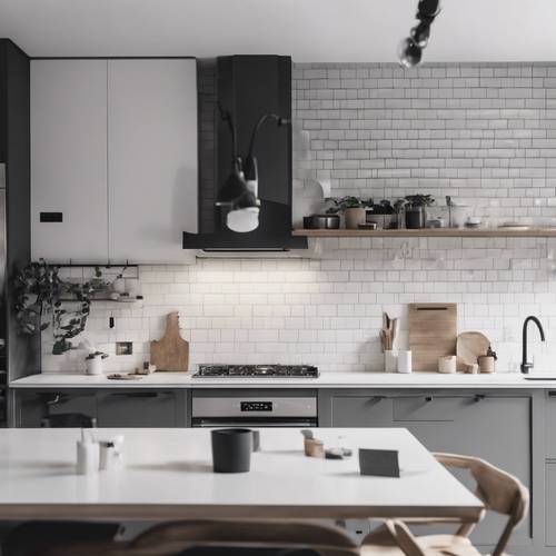 Una cocina minimalista en gris y blanco con un espacio de coworking con una estética limpia y moderna.