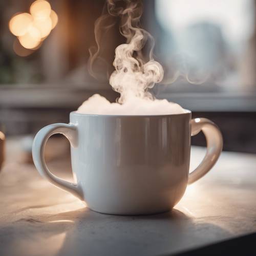 Un mug en céramique blanche avec montée de vapeur, dans un décor cosy et chaleureux façon kawaii.