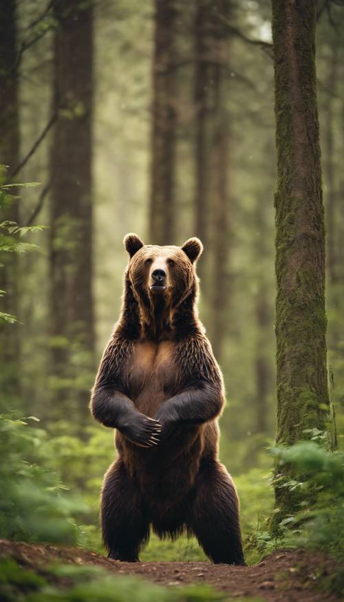 A majestic brown bear standing on its hind legs in a lush, green forest.