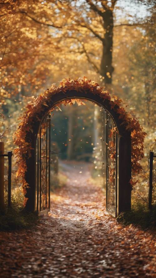Ein herzförmiges Tor, das zu einem mit Herbstlaub bedeckten Waldweg führt.