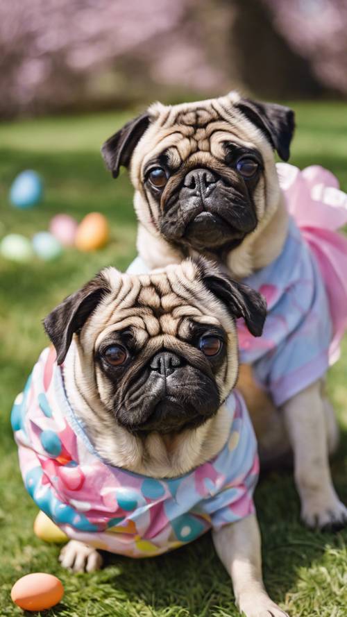 Pugs caprichosamente vestidos participando en un rollo de huevos de Pascua para perros local.