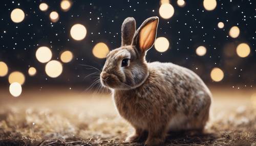 An intently focused rabbit, with its ears perked up, gazing into a starry night sky from its warren.