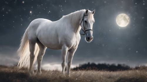 Seekor kuda putih anggun berdiri anggun di bawah sinar bulan perak yang mistis.