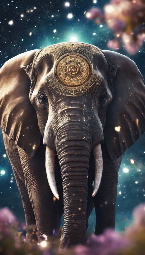 Fantasy depiction of a celestial elephant, lavishly decorated with swirling galaxies and twinkling stars.