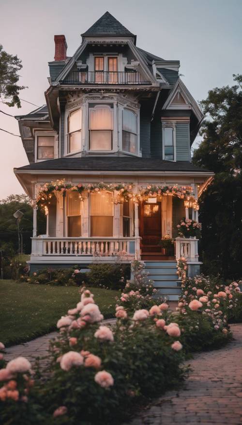 A two-story Victorian-style home with a flower-lined pathway and a warm light glowing from its windows at dusk Tapeta [226dbca685724eeea015]