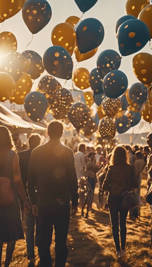 Una scena di festival con persone che tengono palloncini a pois dorati contro un sole al tramonto.