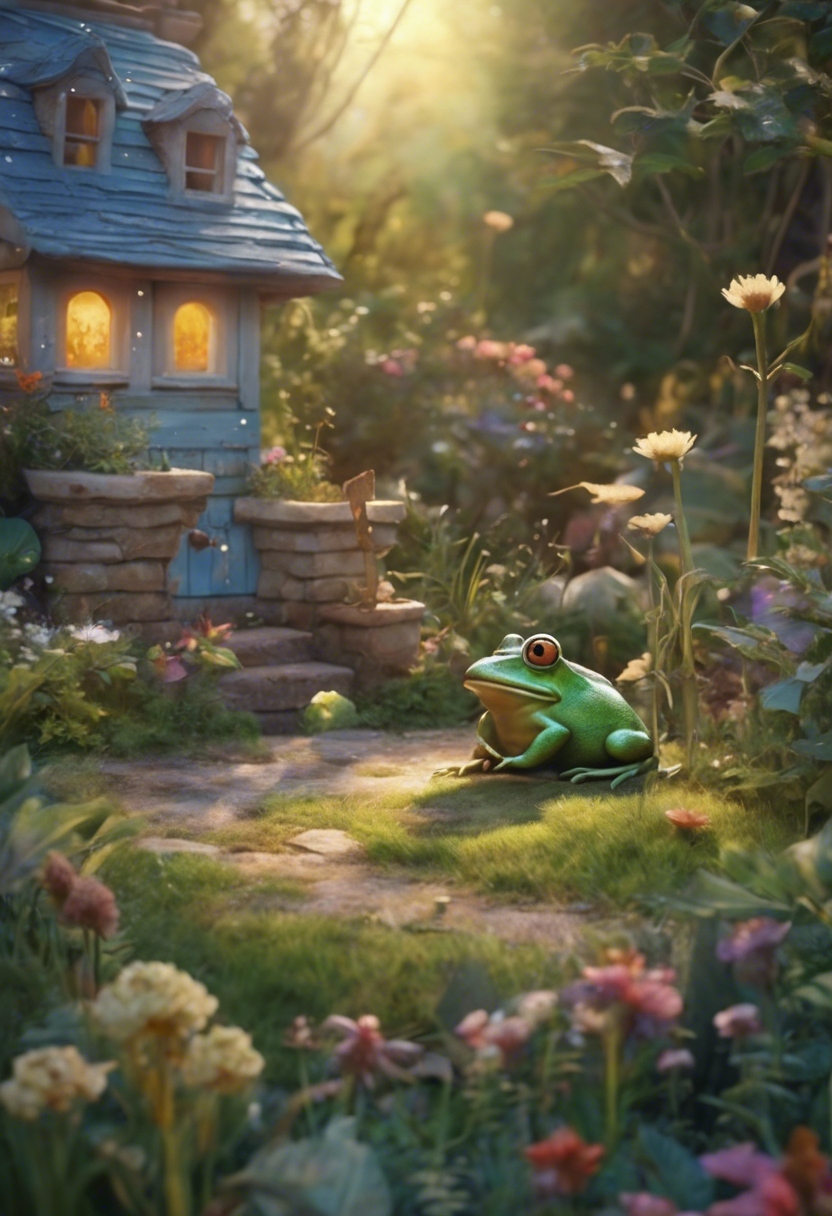 A picturesque oil painting of twilight in a cottage garden, with a whimsical frog making melodious sounds. Hintergrund[8c134ea3bb9a47378698]