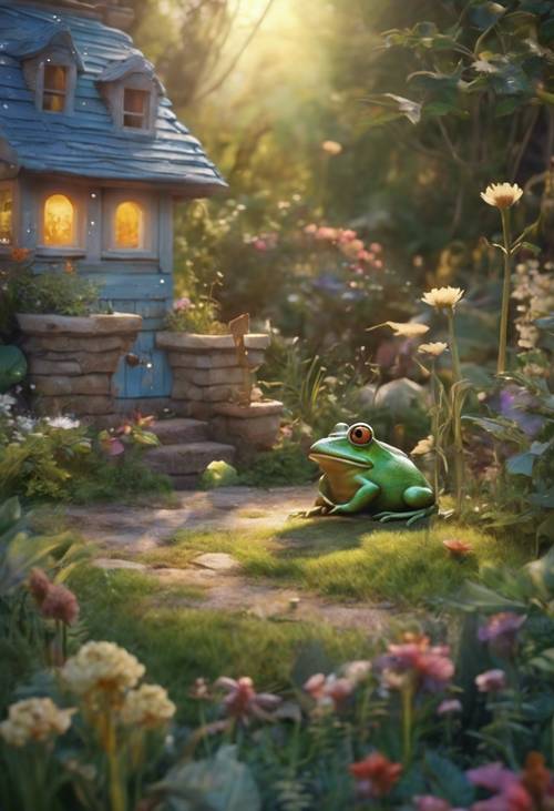 這是一幅風景如畫的油畫，描繪了小屋花園裡的黃昏，一隻異想天開的青蛙發出悠揚的聲音。