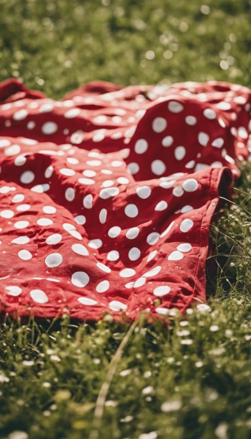 陽光明媚的草地上鋪著一條帶有白色圓點的活潑紅色野餐毯。