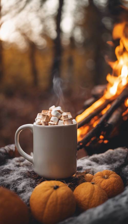 Tazze fumanti di cioccolata calda con marshmallow attorno a un fuoco scoppiettante, sullo sfondo l&#39;arancione e il giallo dell&#39;autunno.