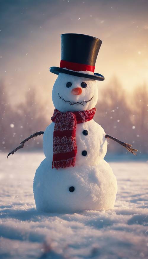 Un pupazzo di neve solitario con indosso un cilindro e una sciarpa rossa, in piedi in mezzo a un campo innevato, mentre le luci delle feste brillano in lontananza.