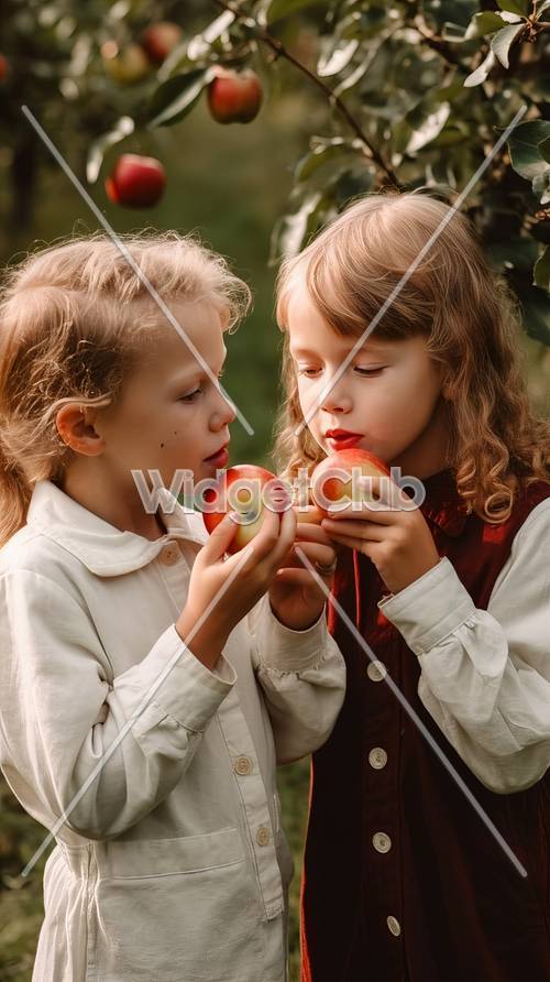طفلان يستمتعان بالتفاح في الطبيعة