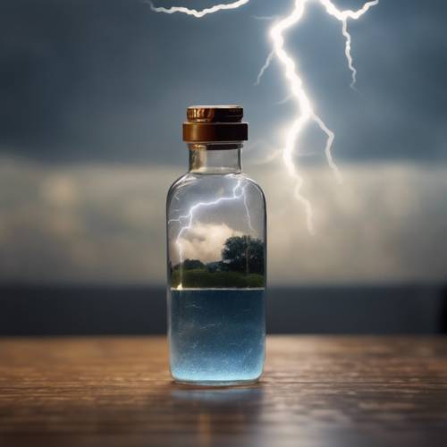A bottle containing a miniature thunderstorm and frequent lightning inside it Tapet [dfb23d33b9ee4ec3be7d]