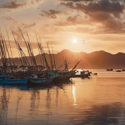 A panoramic view of a tropical bay at sunset with fishing boats anchored for the night.