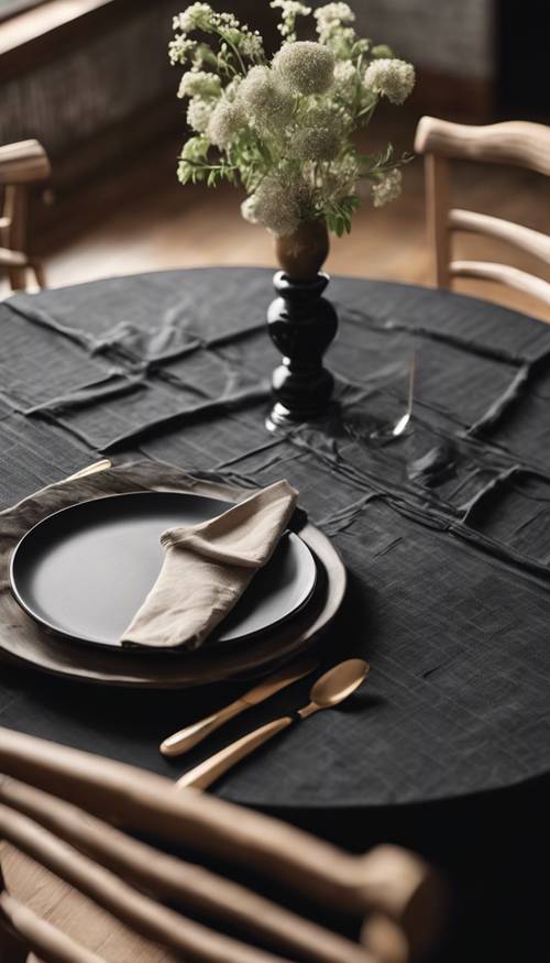 Una tovaglia di lino nero elegantemente realizzata sovrapposta su un tavolo da pranzo rotondo in legno.