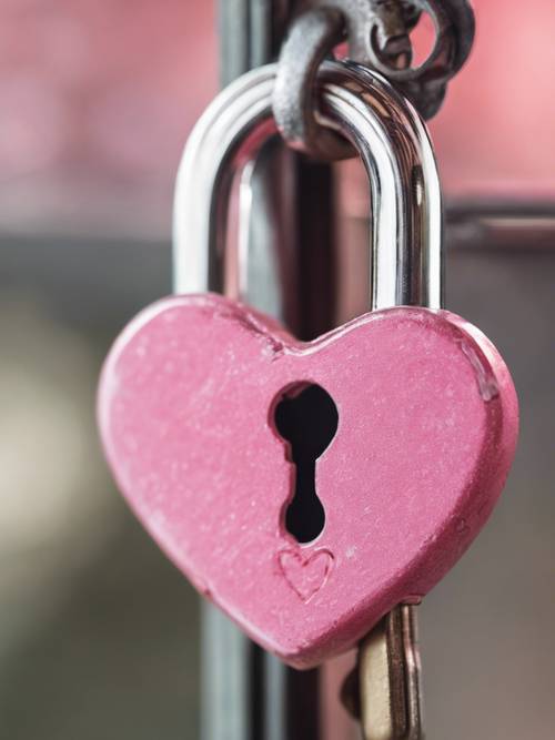 Pink heart-shaped key fitting perfectly into a heart-shaped lock.