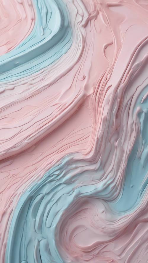 A close-up of a minimalist abstract canvas with swirls of pastel pink and baby blue