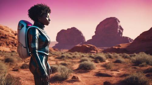 בחורה שחורה לובשת חליפת חלל אלגנטית, חוקרת כוכב לכת חייזר תוסס.