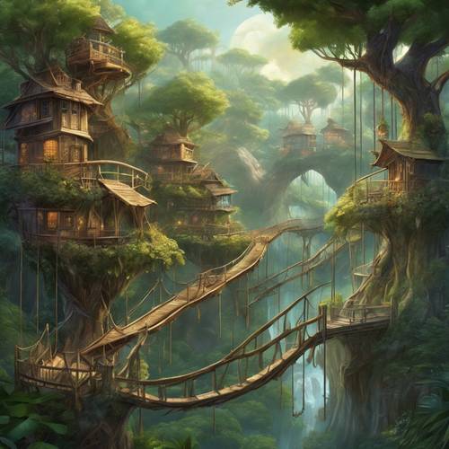 Pemandangan fantasi yang subur dengan rumah-rumah pohon yang dihubungkan oleh jembatan gantung.