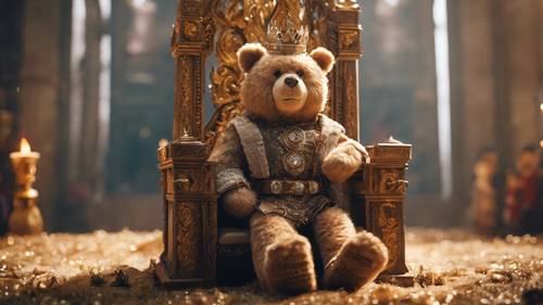 Um rei ursinho de pelúcia sentado em um trono, supervisionando uma animada cena de castelo de brinquedo.