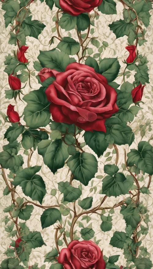 An intricately designed floral wallpaper pattern, steeped in Victorian elegance, featuring red roses and green ivy crossing each other.