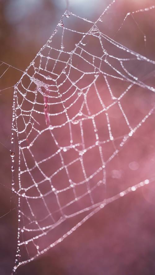 קורי עכביש נוצצים מטל באוויר הפריך של אוקטובר, המשקפים גוונים ורודים.