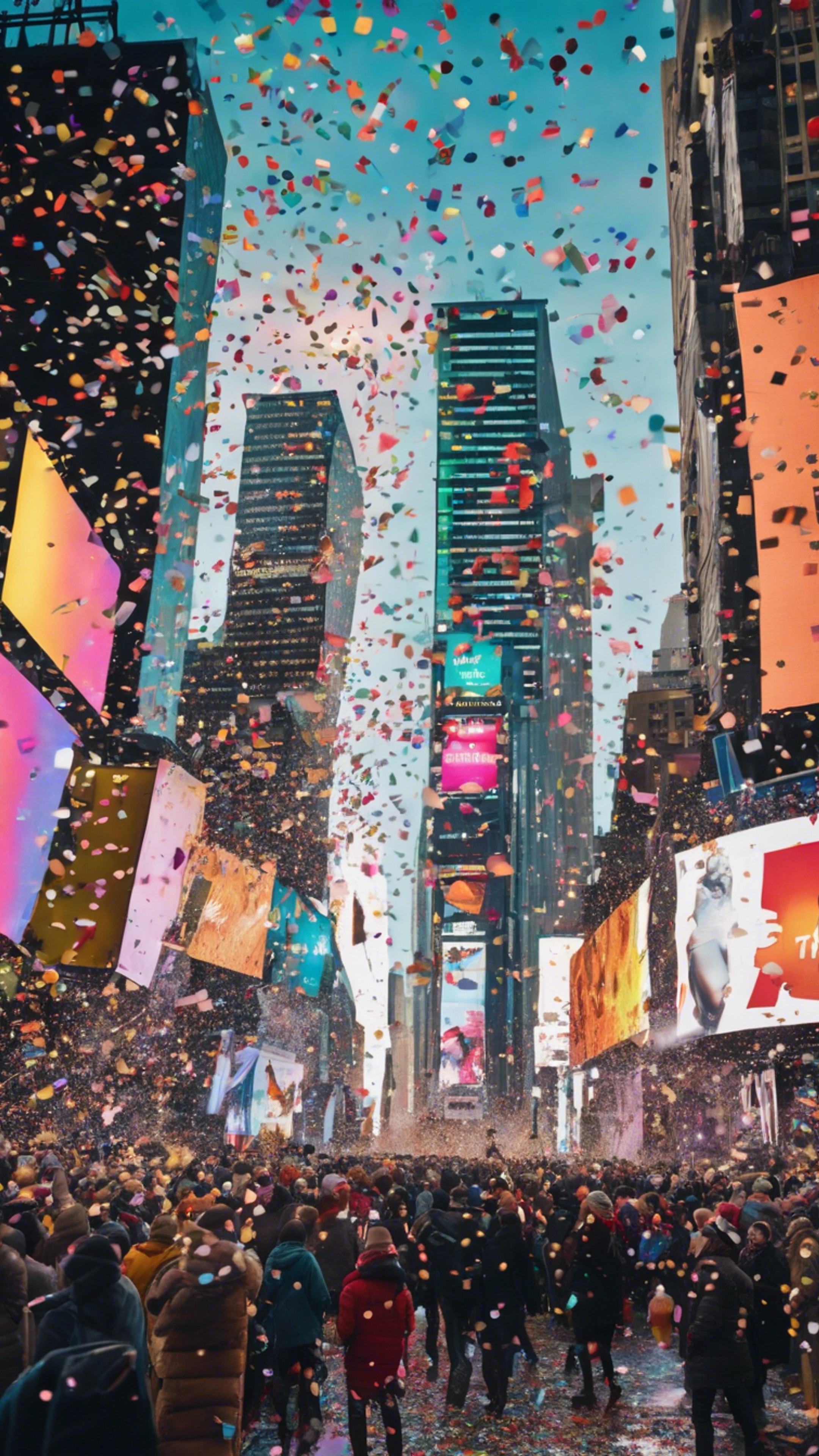 A lively crowd of people, dressed in festive attire, celebrate New Year's Eve in Times Square, New York City with colourful confetti falling from the sky. Wallpaper[16dbda32010942e6b062]
