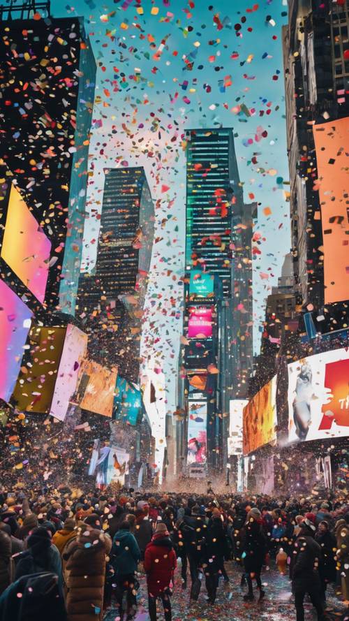 A lively crowd of people, dressed in festive attire, celebrate New Year's Eve in Times Square, New York City with colourful confetti falling from the sky.