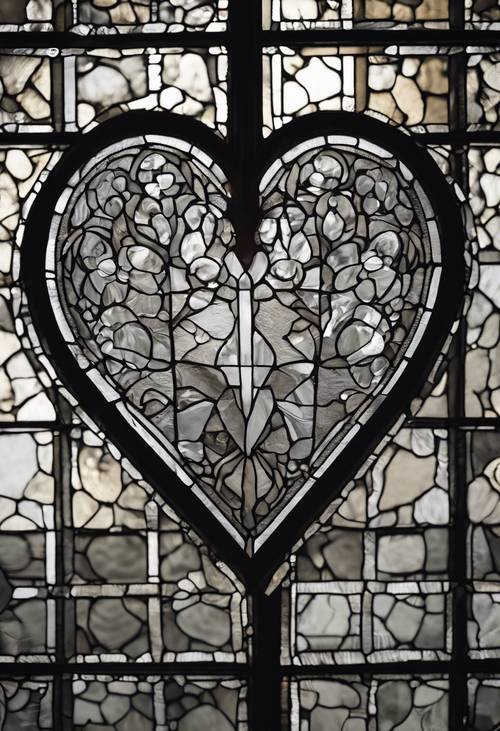 An ornate heart-shaped black and gray stained-glass window.