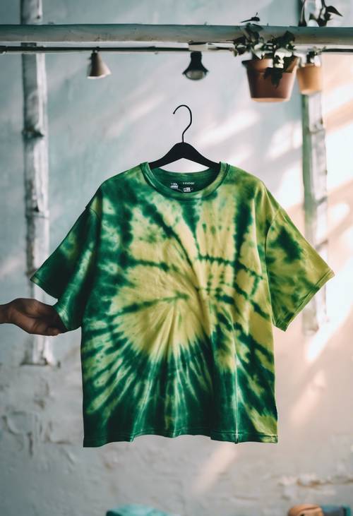 Dłoń trzymająca pod światło koszulkę barwioną metodą tie-dye w różnych odcieniach zieleni.