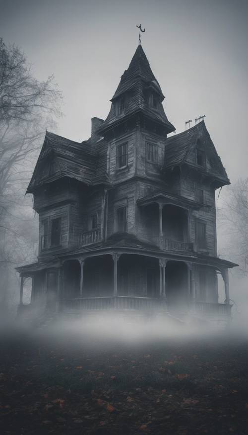 Une vieille maison hantée le soir d’Halloween, sinistrement entourée de brouillard.