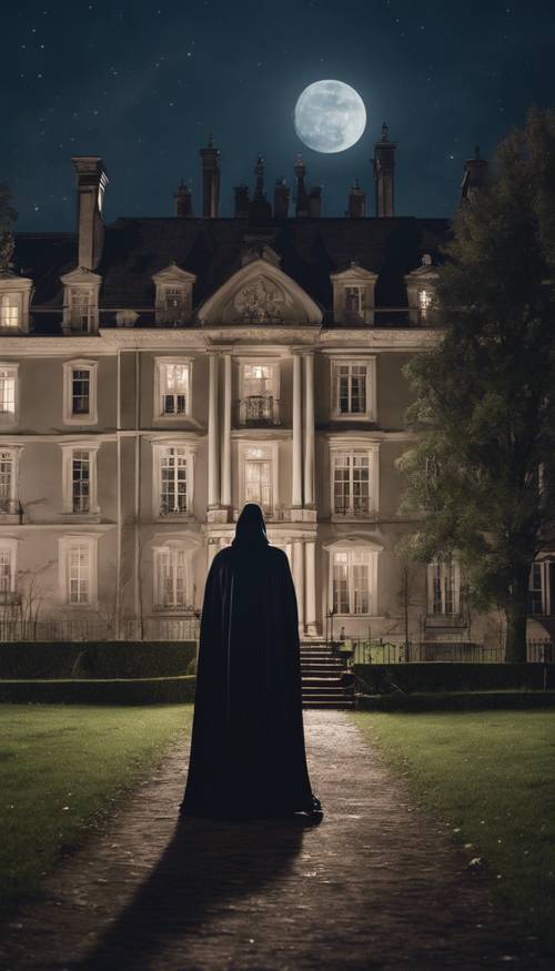 A haunted caped figure standing before a grand manor under the ghostly glow of the moonlight. کاغذ دیواری [688187f6afa44c5c8814]