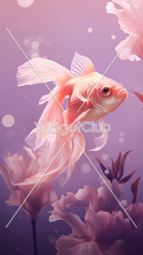 보라색 물에서 수영하는 아름다운 분홍색 물고기