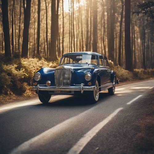 一辆配有光滑金色车轮的深蓝色老式汽车行驶在森林道路上。