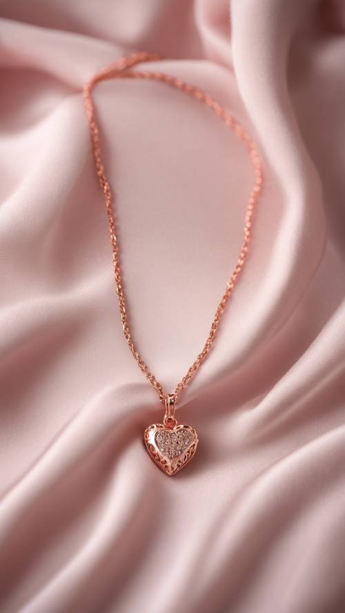 Kalung rantai emas mawar halus dengan liontin hati kecil, dipajang di atas kain satin merah muda lembut.