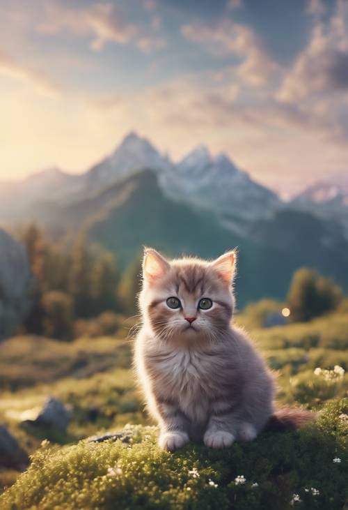 Un paisaje matutino con una montaña que parece un encantador gatito caricaturesco.