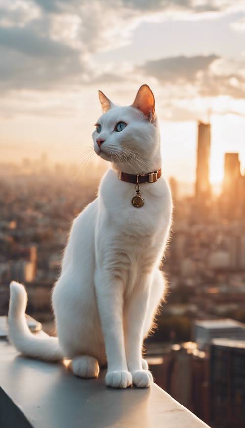 Un gatto bianco adulto, sportivo, con un&#39;espressione dignitosa, in piedi in cima a un grattacielo che domina la città al tramonto.