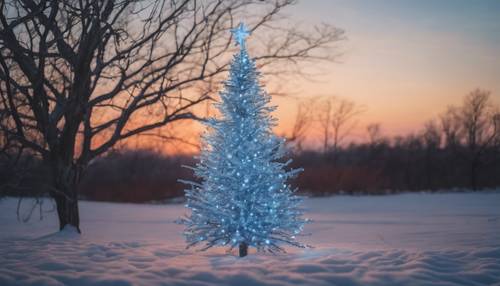 A bare, silver-blue Christmas tree shot against a minimalist sunset