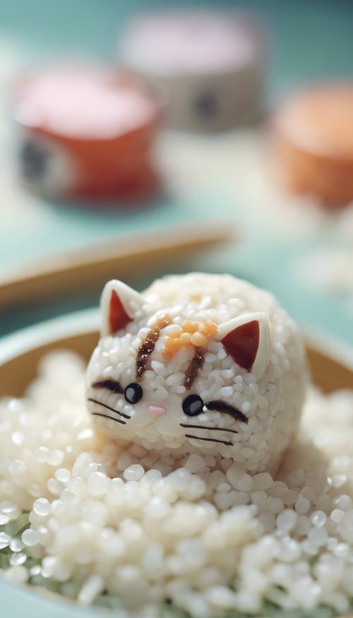 Un rollo de sushi diseñado para parecerse a un gatito kawaii durmiendo en un lecho de arroz.